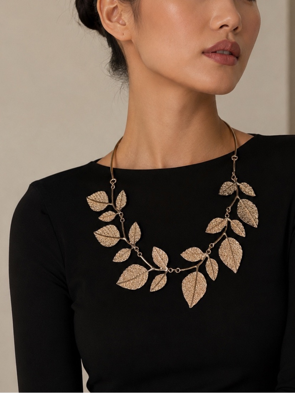 Delicate Gold Leaf Statement Necklace